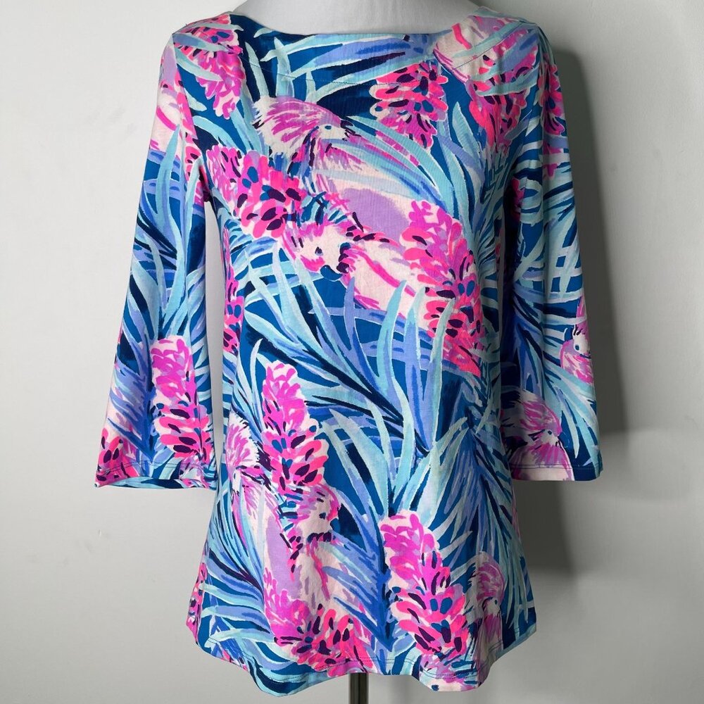 Lilly Pulitzer Women's Blue Pink Waverly Long Sleeve Cotton Blouse Size XS
